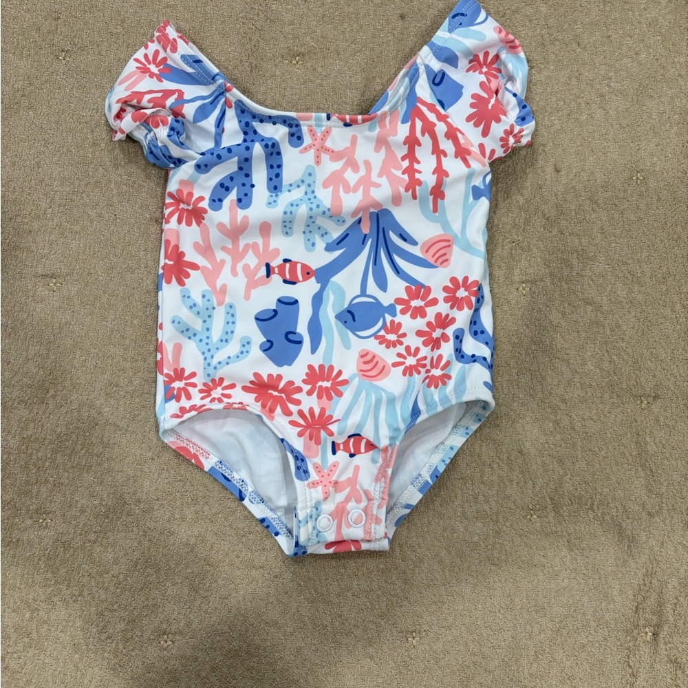 Carter's Coral, Light Blue & Navy Floral One-Piece Swimsuit